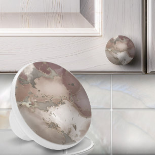 Taupe Abstract Marble and Gold Ceramic Knob