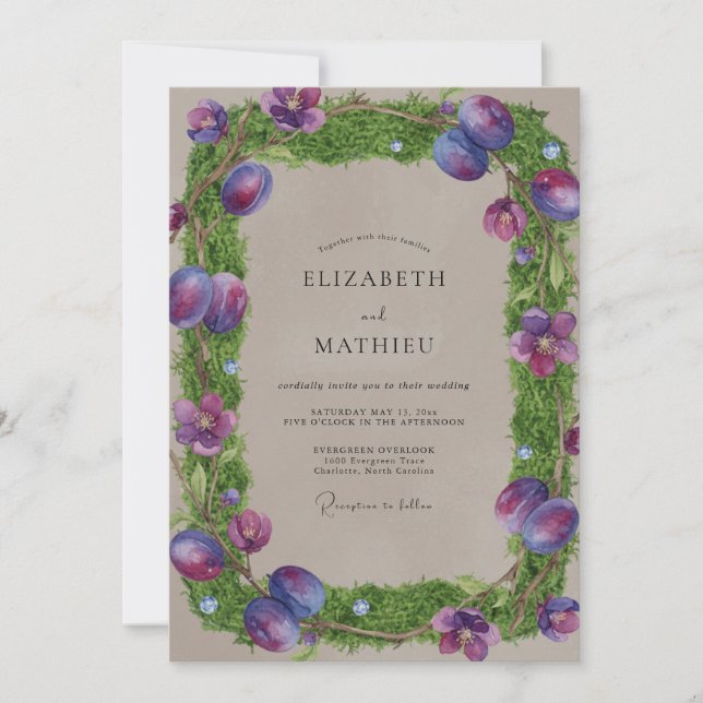 Taupe Amethyst Ranunculus Muted Eucalyptus Wedding Invitation (Front)