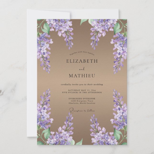 Taupe Amethyst Wisteria Wedding Invitation (Front)