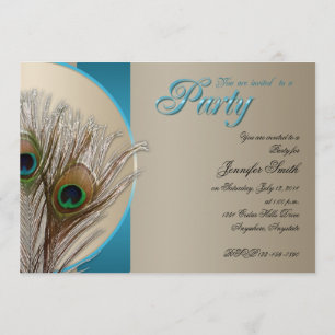 Taupe and Aqua Peacock Feather Party Invitation