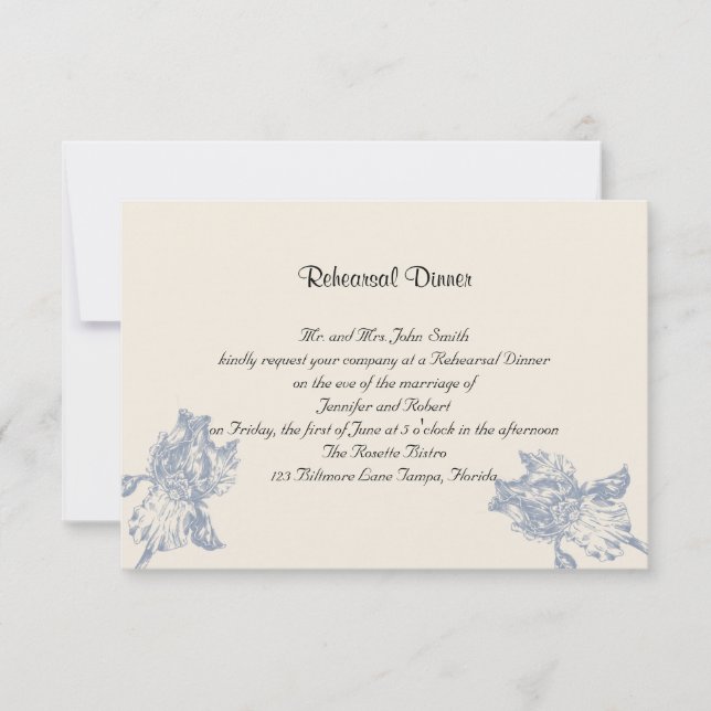 Taupe and Blue Iris Posh Wedding Rehearsal Invitation (Front)