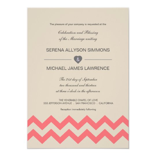 Taupe and Coral Chevron Wedding Invitations