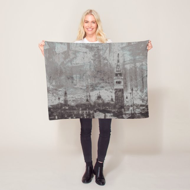 Taupe and Cyan Distressed Skyline Venice Italy Fleece Blanket (In Situ)