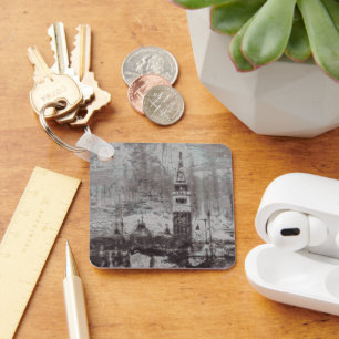 Taupe and Cyan Distressed Skyline Venice Italy Key Ring