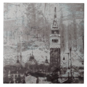 Taupe and Cyan Distressed Skyline Venice Italy Tile