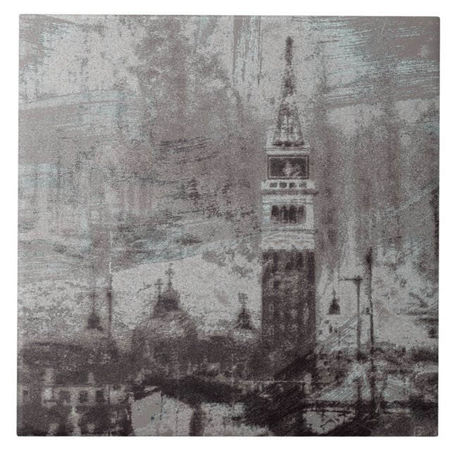 Taupe and Cyan Distressed Skyline Venice Italy Tile (Front)