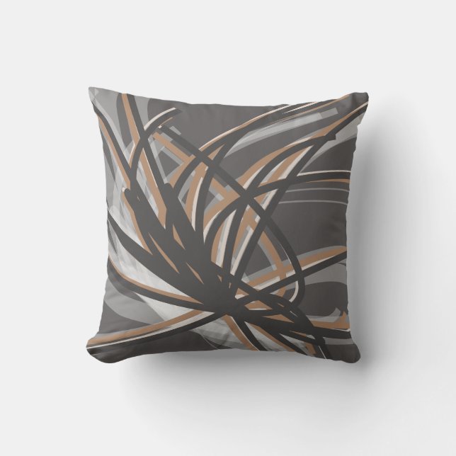 Taupe and Grey Artistic Abstract Ribbons Cushion (Front)