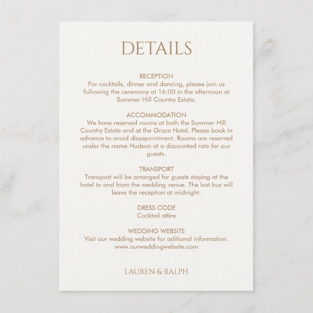 Taupe and Ivory Monogrammed Wedding Details  Enclosure Card (Front)