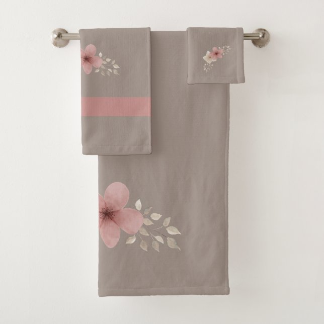 Taupe and Pink Floral Bath Towel Set (Insitu)