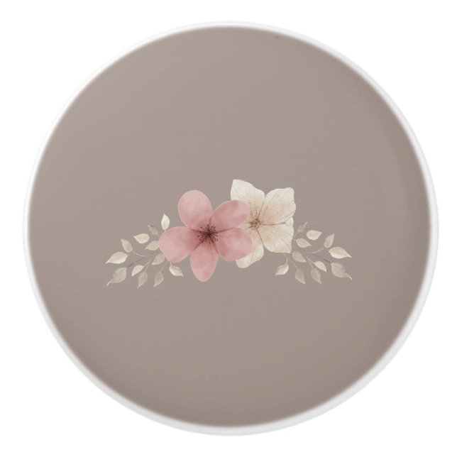 Taupe and Pink Floral Ceramic Drawer Pull (Front)