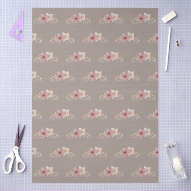 Taupe and Pink Floral  Tissue Paper (Craft)