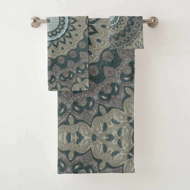 Taupe and Teal Mandala with Tribal Symmetry Bath Towel Set (Insitu)