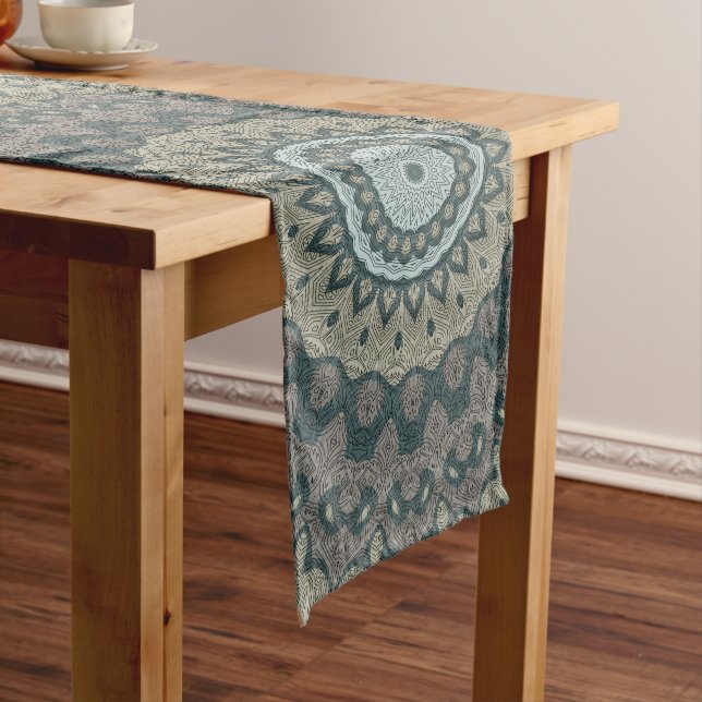 Taupe and Teal Mandala with Tribal Symmetry Long Table Runner (In Situ)