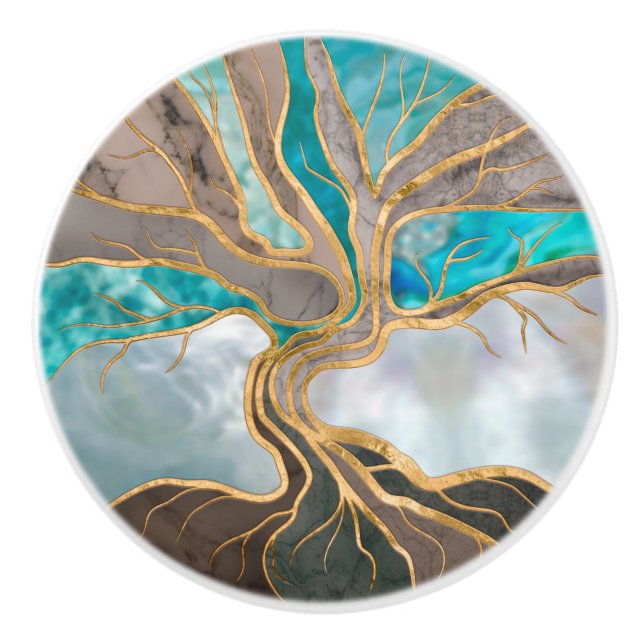 Taupe and teal Marble Tree of life Ceramic Knob (Front)