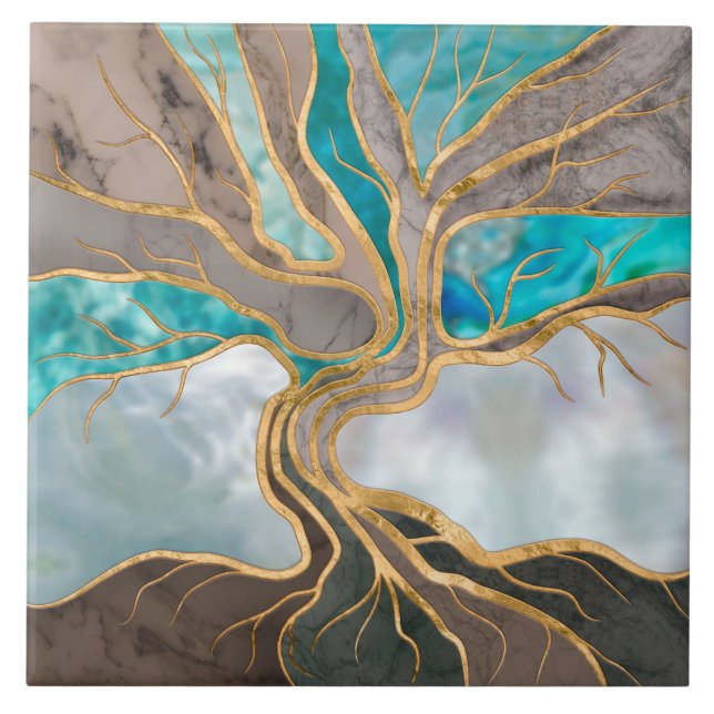 Taupe and teal Marble Tree of life Tile (Front)