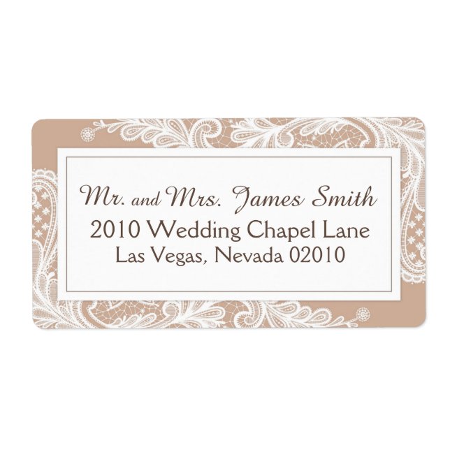 Taupe and White Lace Wedding Label (Front)