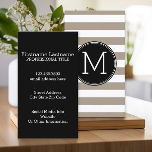 Taupe and White Striped Pattern Black Monogram Business Card