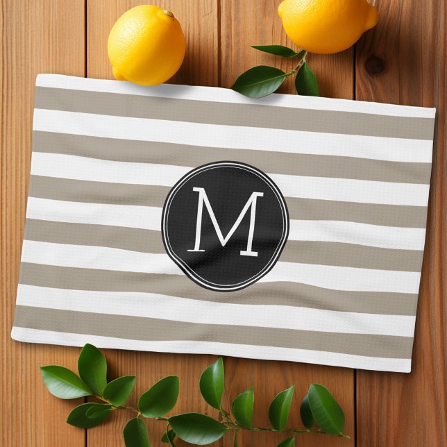 Taupe and White Striped Pattern Black Monogram Tea Towel (Personalized kitchen towel with monogram)