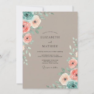 Taupe Apricot Ranunculus Eucalyptus Wedding Invitation