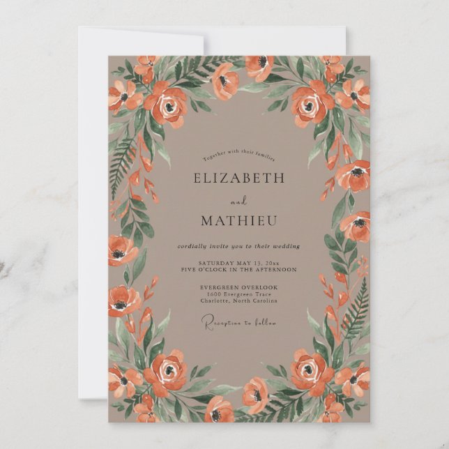 Taupe Apricot Wreath Wedding Invitation (Front)