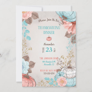 Taupe Aqua Coral Pumpkin Turkey Invitation