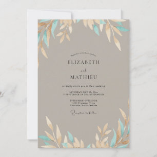 Taupe Aqua Leaf Wedding Invitation