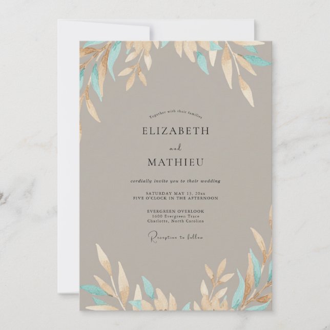 Taupe Aqua Leaf Wedding Invitation (Front)