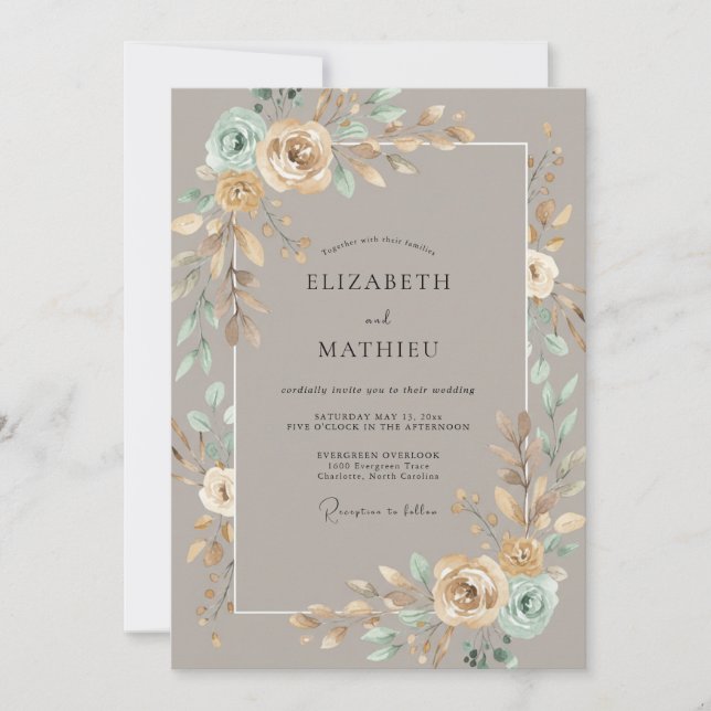 Taupe Aqua Peony Wedding Invitation (Front)