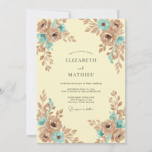 Taupe Aqua Rose Wedding Invitation