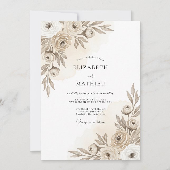 Taupe Artistic Floral Romance Wedding Invitation (Front)