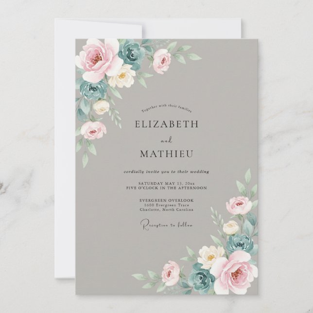 Taupe Azure Ranunculus Muted Eucalyptus Wedding Invitation (Front)