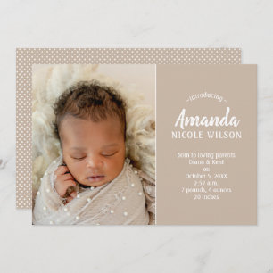Taupe Baby Photo Birth Announcements