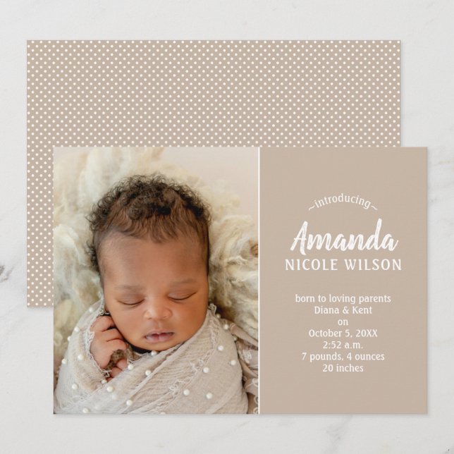 Taupe Baby Photo Birth Announcements (Front/Back)