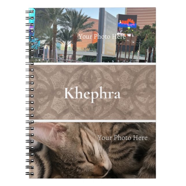 Taupe Batik Photo Collage, Border, Name Notebook (Front)