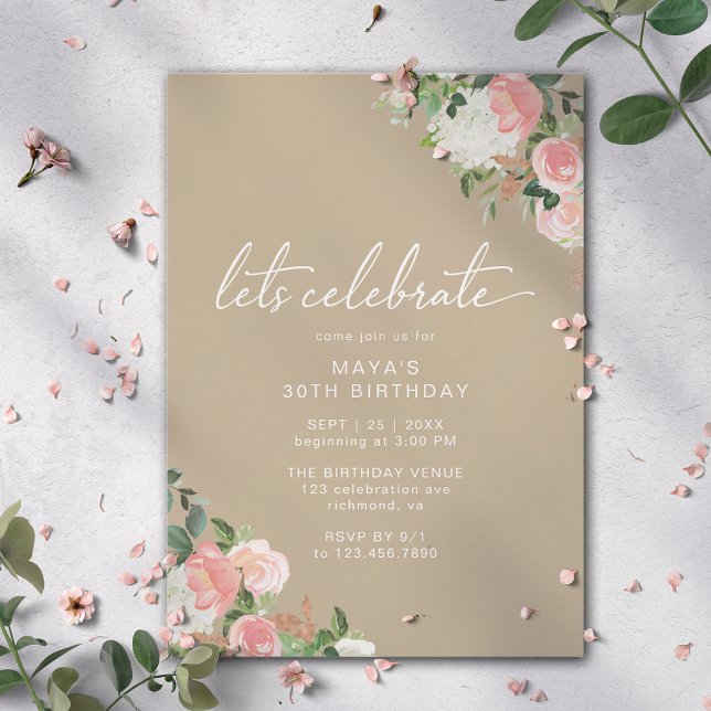Taupe Beige & Blush Pink | Modern Floral Birthday Invitation (Creator Uploaded)
