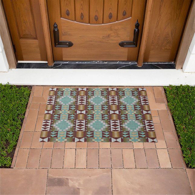 Taupe Beige Brown Aqua Turquoise Blue Tribal Art Doormat (Outdoor)