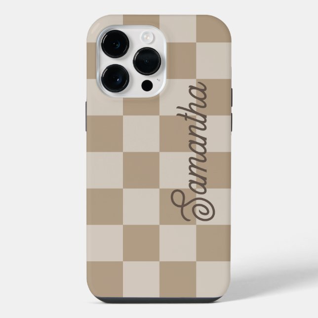 Taupe Beige Checkers Script Name iPhone Case (Back)