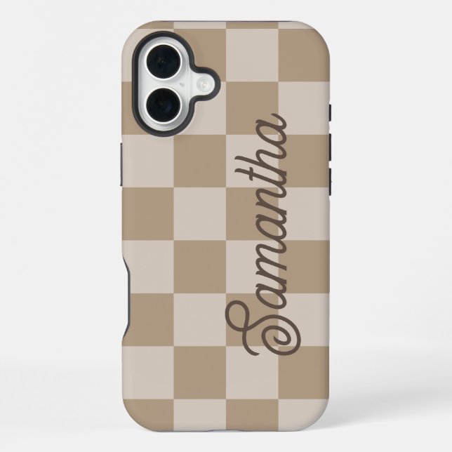 Taupe Beige Checkers Script Name iPhone Case (Back)