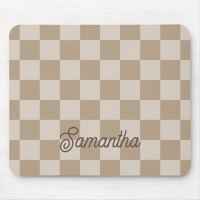 Taupe Beige Checkers Script Name Mouse Mat (Front)