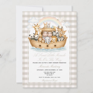 Taupe beige gingham Noah’s Ark Baby Shower  Invitation