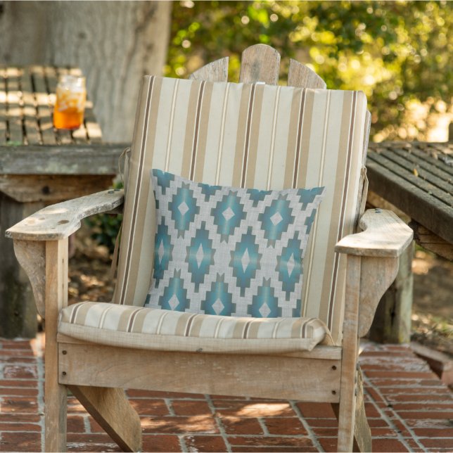 Taupe Beige Grey Light Teal Blue Tribal Art Cushion (Chair)
