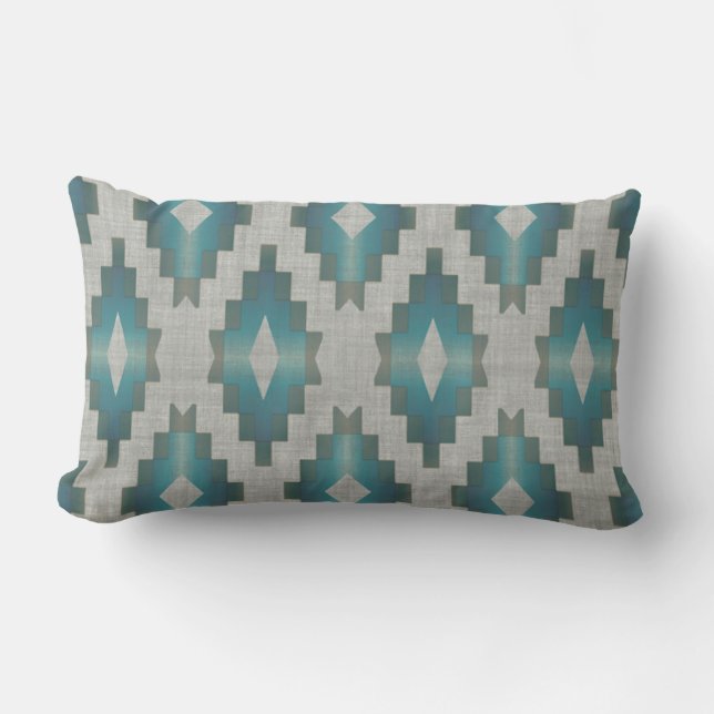 Taupe Beige Grey Light Teal Blue Tribal Art Lumbar Cushion (Front)