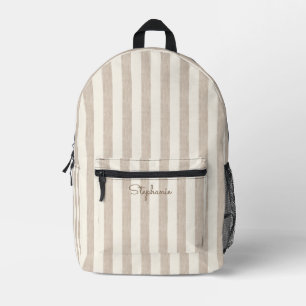 Taupe Beige Neutral Striped Pattern Custom Name Printed Backpack