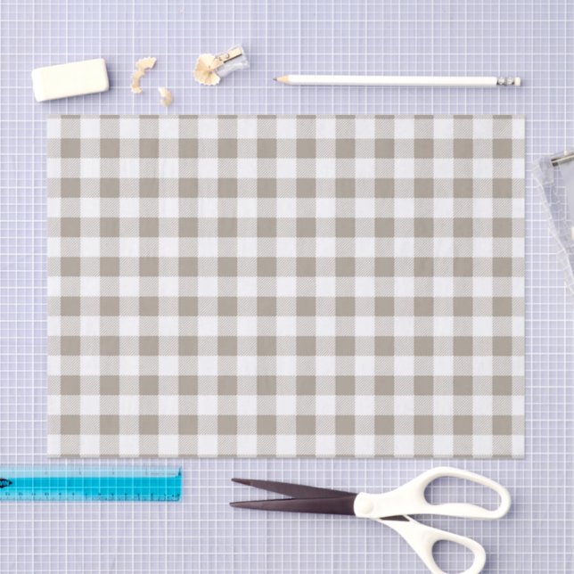 Taupe Beige White Plaid Pattern Tissue Paper (Craft)