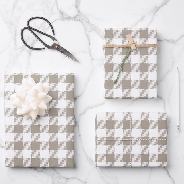 Taupe Beige White Plaid Pattern  Wrapping Paper Sheet (Front)
