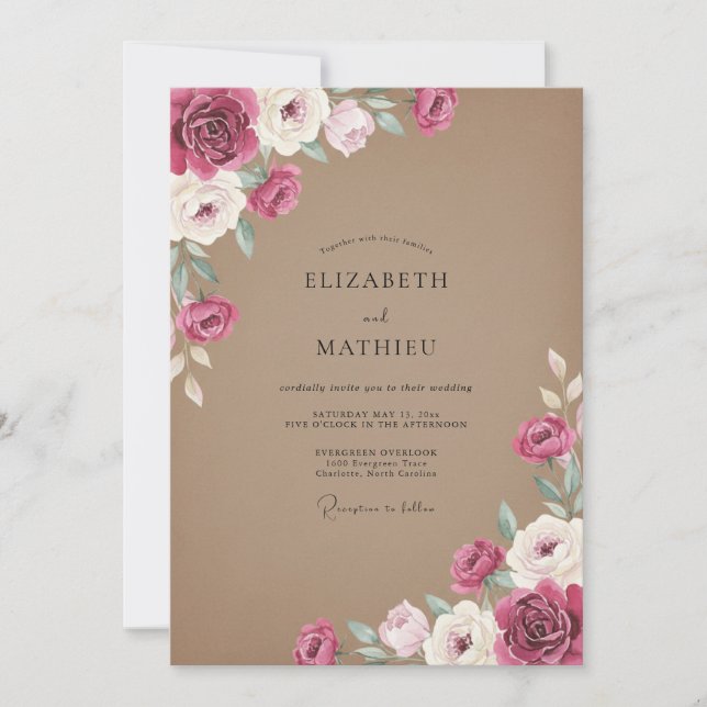 Taupe Berry Wildflower Wedding Invitation (Front)