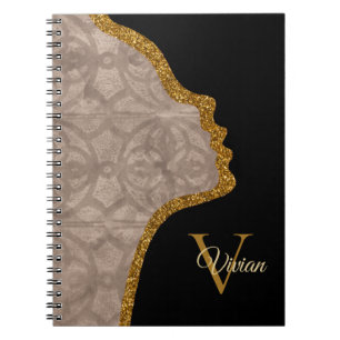 Taupe Black And Gold Glitter Face Monogram Name Notebook