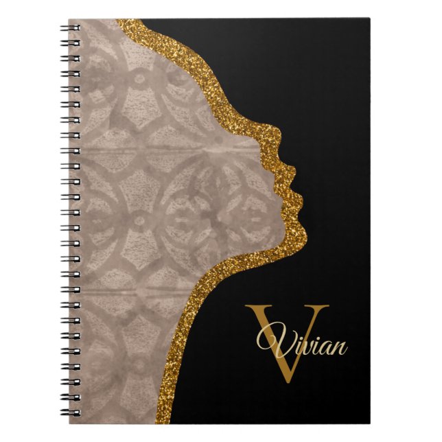 Taupe Black And Gold Glitter Face Monogram Name Notebook (Front)