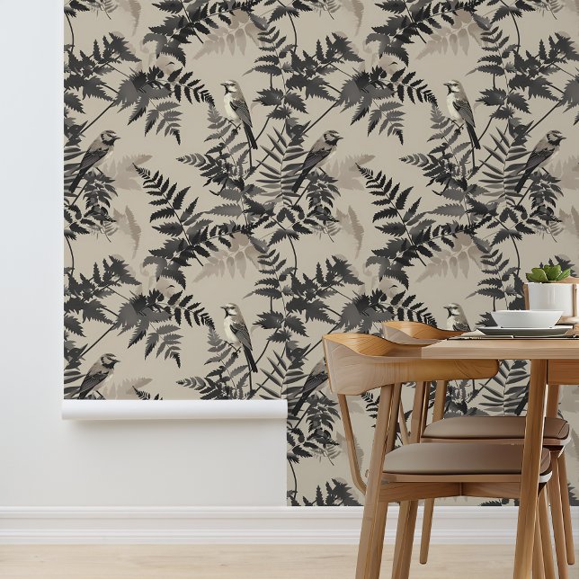 Taupe Black Ferns and Birds Wallpaper (Creator Uploaded)