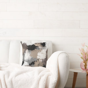 Taupe Black Gray White Abstract Brushstrokes Cushion